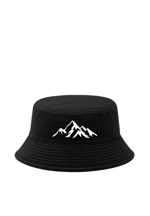 Black bucket hat with a white stylized mountain range design on the front.