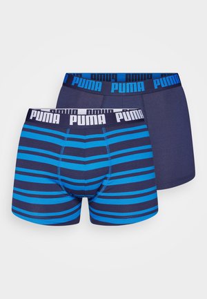 Two boxer shorts: one in solid navy and the other with horizontal blue stripes. Both feature wide elastic bands with "PUMA" logo.