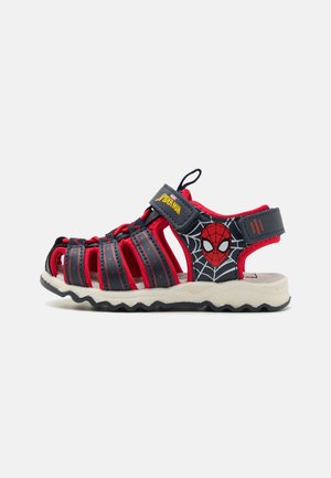 Red and blue children's sandals with a Spider-Man graphic, rubber sole, and adjustable Velcro strap. Open-toe design with ventilation.