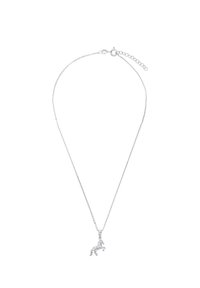 Collana in argento con un piccolo pendente a forma di cavallo che salta, dettagliato. La catena è dotata di un gancio a molla e di una lunghezza regolabile.