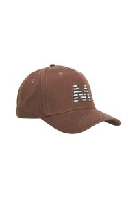 Brown cotton cap with a curved brim and embroidered blue-and-white striped "M" logo on the front. Features ventilation holes on the top.