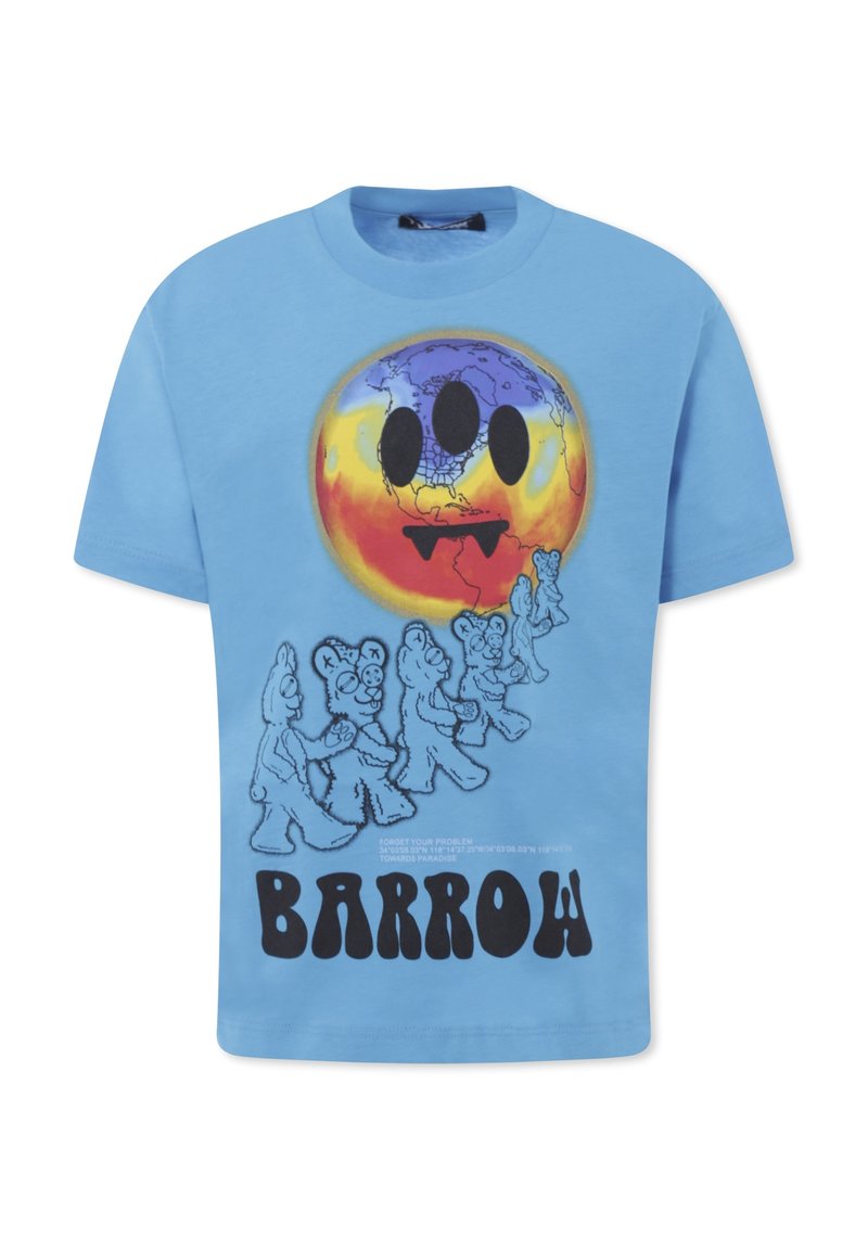 Niebieska bawełniana koszulka z okrągłą grafiką przedstawiającą wielokolorową abstrakcyjną twarz oraz czarnym napisem "BARROW" na dole, z rysunkami niedźwiedzi.