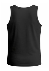 Black sleeveless tank top made of smooth fabric, featuring a round neckline and a simple design without any visible patterns or logos.
