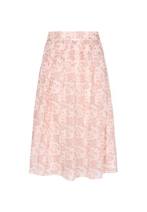 Lichtroze geplooide midirok met een subtiel bloemmotief en een aangesloten tailleband, getoond op een witte achtergrond.