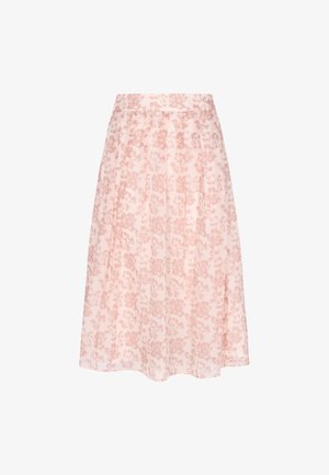 Lichtroze geplooide midirok met een subtiel bloemmotief en een aangesloten tailleband, getoond op een witte achtergrond.