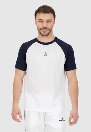 White short-sleeve t-shirt with navy raglan sleeves, featuring a small logo on the chest. Lightweight fabric with a smooth texture.
