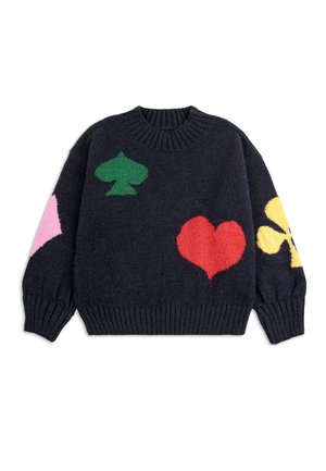 Dunkelblauer Strickpullover mit geripptem Kragen und Bündchen. Enthält bunte Designs von Spielkarten-Suiten: grünes Pik, rotes Herz, rosa Raute, gelbes Kreuz.