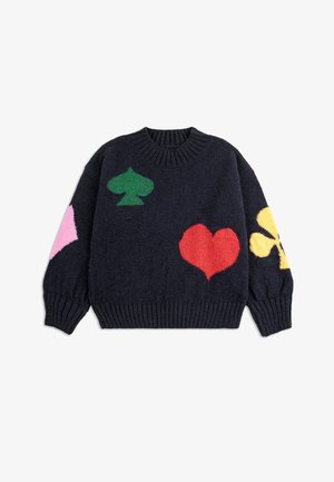 Navy knit sweater with ribbed neckline and cuffs. Features colorful card suit designs: green spade, red heart, pink diamond, yellow club.
