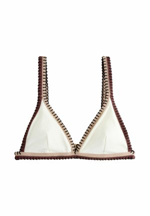 Top bikini a triangolo in tessuto bianco con bordi marroni e beige e dettagli di cuciture nere lungo le cuciture.