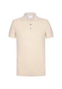 Beige Polohemd mit kurzen Ärmeln aus strukturiertem Stoff, mit einem Kragen und einer Knopfleiste mit drei Knöpfen in kontrastierender Farbe.