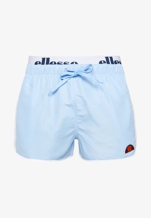 Gaiši zili peldbikses ar elastīgu jostasvietu, auklu, baltām sānu joslām un logotipa akcentu kreisajā apakšējā kājā.