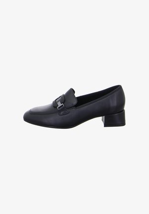 Black leather loafer with a rounded toe, featuring a decorative buckle and a small block heel, smooth texture, and minimalistic design.