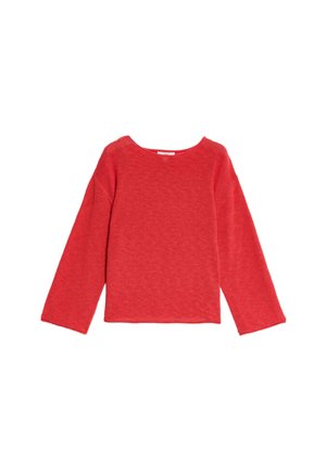 Maglione rosso a maniche lunghe realizzato a maglia, con ampia scollatura a barca e orlo dritto.