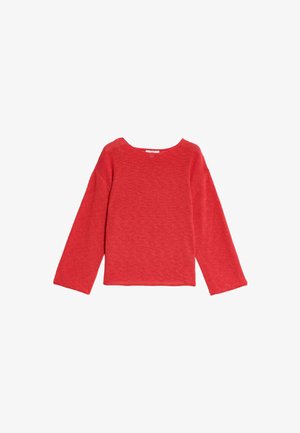 Maglione rosso a maniche lunghe realizzato a maglia, con ampia scollatura a barca e orlo dritto.