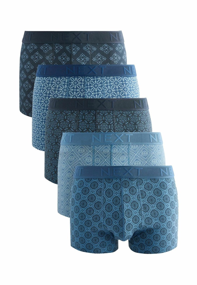 Men's boxer briefs in blue shades, featuring various intricate patterns. Elastic waistband with "NEXT" branding. Cotton blend material.
