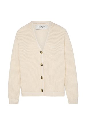 Cream-colored knitted cardigan with a V-neck, long sleeves, ribbed cuffs and hem, and four brown buttons down the front.
