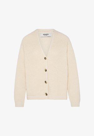 Cream-colored knitted cardigan with a V-neck, long sleeves, ribbed cuffs and hem, and four brown buttons down the front.