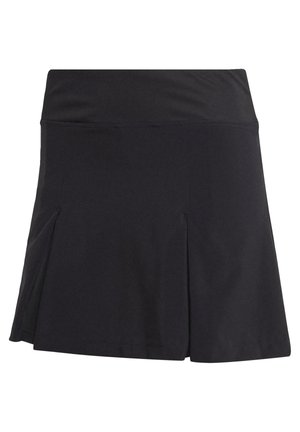 Gonna nera plissettata in tessuto morbido, con una vita larga e aperture laterali per facilitare i movimenti. Design semplice e funzionale.