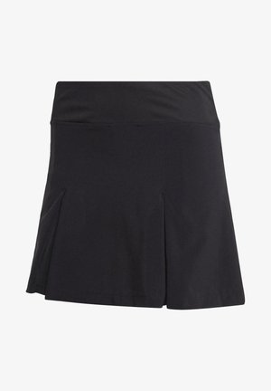 Gonna nera plissettata in tessuto morbido, con una vita larga e aperture laterali per facilitare i movimenti. Design semplice e funzionale.