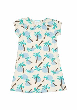 Børne kjole med korte ærmer med blå palme- og cirkelmønster på hvid baggrund, samlet halsudskæring og mærke tæt på kanten.