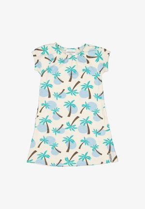 Børne kjole med korte ærmer med blå palme- og cirkelmønster på hvid baggrund, samlet halsudskæring og mærke tæt på kanten.