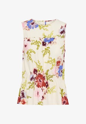 Top senza maniche floreale in tessuto crema, con fiori multicolori in rosso, rosa, blu e verde, con dettagli arricciati in vita.