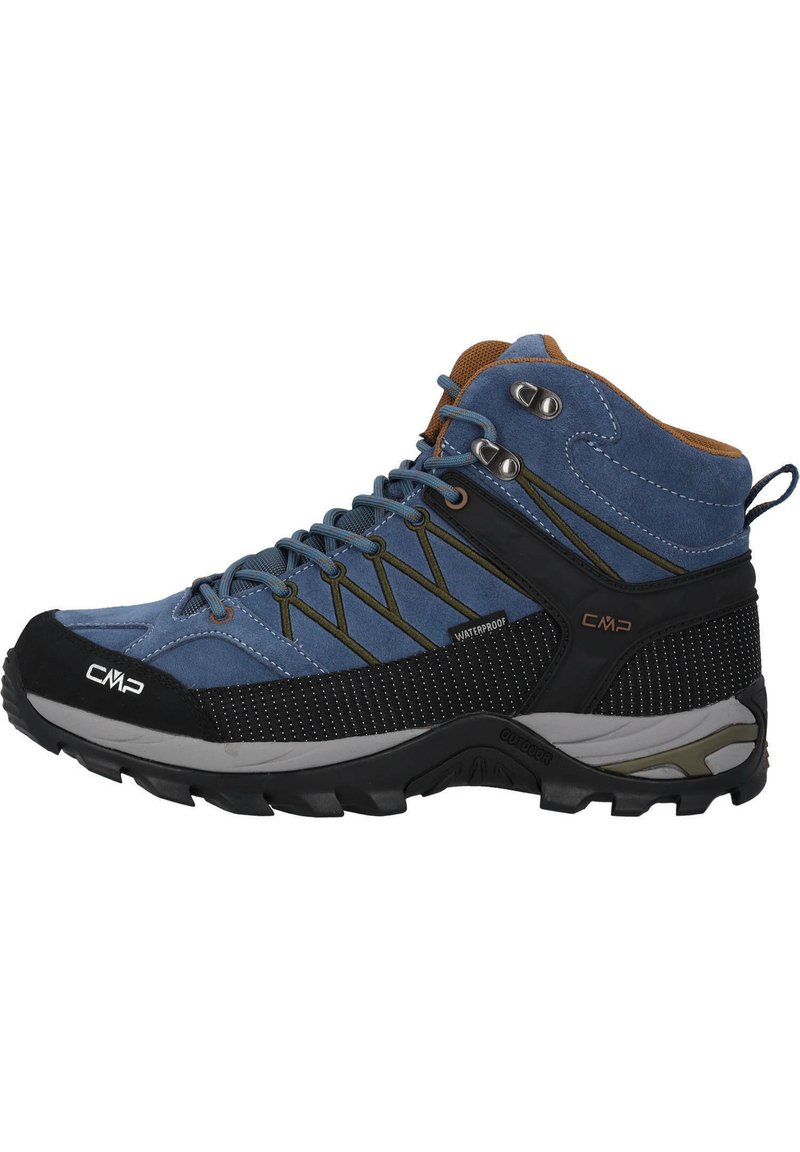Waterproof hiking boot with a blue upper, black accents, and gray sole. Features metal eyelets, textured material, and reinforced toe.
