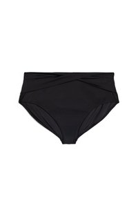 Mustat korkeavyötäröiset uimahousut, jotka on valmistettu pehmeästä kankaasta ja joissa on kiertynyt etuosan muotoilu sekä täysi peittävyys. Ei näkyviä kiinnikkeitä tai kuvioita.