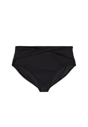 Kõrge vöökohaga must ujumispüks, mis on valmistatud siledast kangast ja millel on keerutatud eesmine disain ning täielik katvus. Ei ole nähtavaid riistvaraosi ega mustreid.