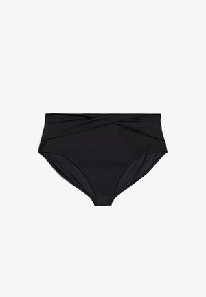 Svart högmidjad baddräkt underdel i mjukt tyg med vriden framdesign och full täckning. Inga synliga metalldetaljer eller mönster.