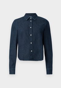 Dark blue denim shirt featuring a pointed collar, long sleeves, and button-up front with silver buttons and a cropped hem.