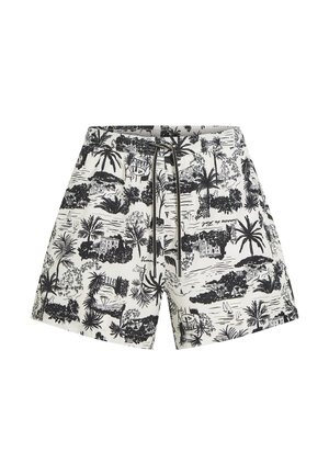 Črno-beli kopalni kratki hlače s potiskom tropskega pokrajinske slike s palmami in čolni, elastičen pas in nastavljiv vrvica za zategovanje.
