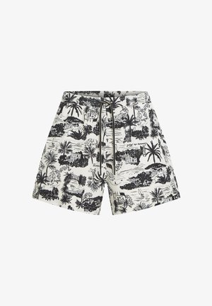 Črno-beli kopalni kratki hlače s potiskom tropskega pokrajinske slike s palmami in čolni, elastičen pas in nastavljiv vrvica za zategovanje.