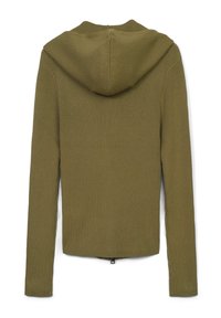 Olivgrüner, gerippter Kapuzenpullover mit strukturiertem Stoff, langen Ärmeln und einem Rückenausschnitt mit Kapuze. Hat eine schmale, taillierte Silhouette.