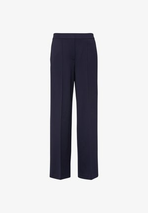 Marineblaue, gerade geschnittene Hosen mit mittelhoher Taille und gebügelten Frontfalten, maßgeschneidert für formelle oder geschäftliche Anlässe.