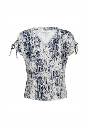 Damesblouse met korte mouwen en V-hals, bedrukt met zwart-witte slangenprint en voorzien van gestrikte stofaccenten op de mouwen.