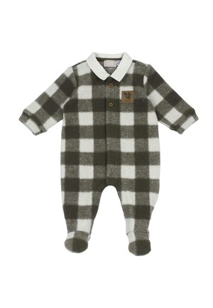 Combinaison bébé à manches longues avec motif à carreaux verts et blancs, col blanc, boutons en bois et petite écusson écureuil sur la poitrine.