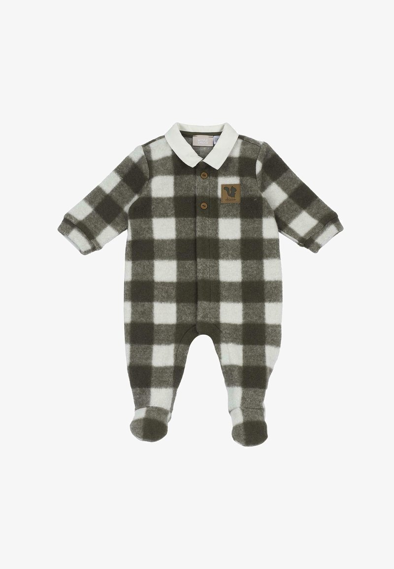 Combinaison bébé à manches longues avec motif à carreaux verts et blancs, col blanc, boutons en bois et petite écusson écureuil sur la poitrine.