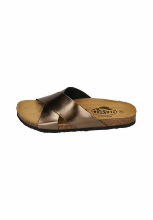Brown metallic slide sandal with crisscross straps, cork footbed, and black rubber sole. Features a smooth texture and minimalist design.