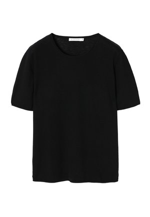 T-shirt nero a maniche corte realizzato in tessuto morbido, con scollatura rotonda e vestibilità rilassata. Nessun motivo o dettaglio visibile.