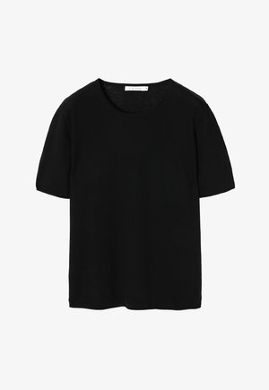 Zwarte korte mouwen t-shirt gemaakt van een zachte stof, met een ronde halslijn en een relaxte pasvorm. Geen zichtbare patronen of accenten.