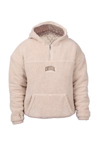Beige fleece pullover hoodie with a quarter-zip, kangaroo pocket, and "CRYSTAL" logo. Featuring a quilted inner lining and ribbed cuffs.