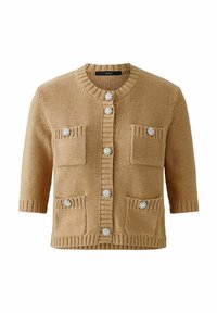 Beige gestrickte Strickjacke mit rundem Ausschnitt, Drei-Viertel-Ärmeln und Vordertaschen. Verfügt über dekorative Schmuckknöpfe und gerippte Kanten.