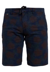 Pantaloni corti blu navy con un sottile motivo floreale nelle tonalità di marrone scuro e verde. Realizzati in tessuto dalla consistenza morbida e con vita regolabile tramite cordino.