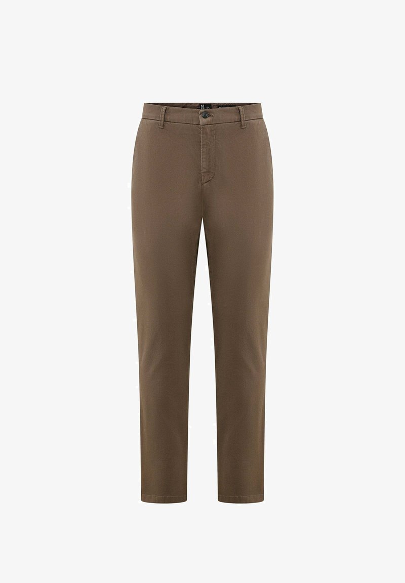 Bruine broek van katoen, met een platte voorkant, knoopsluiting en zakken, met een recht model en een gladde textuur.