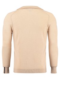 Beige gestrickter Pullover mit langen Ärmeln, einem breiten Kragen und gerippten Bündchen. Glatte Textur in einfarbig und mit dezenten Nähten.