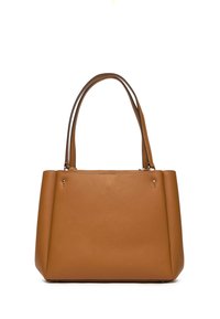 Sac à main en cuir marron avec double anses, texture lisse, forme rectangulaire et petits accents métalliques sur le devant.