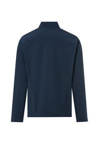 Navyblauwe, langesleeve jas met een licht verhoogde kraag, met een gladde textuur en minimale stikdetails op de achterkant.