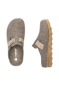 Grey felt clogs with a brown speckled sole, featuring a beige strap and logo. Rounded design with a textured upper and open heel.