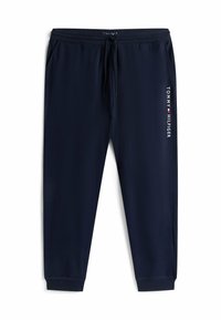 Granatowe dresy z elastycznym pasem i regulowanym sznurkiem. Kieszenie boczne. Z logo "TOMMY HILFIGER" w białym i czerwonym napisie po lewej stronie.